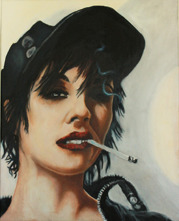 <i>Smoker no. 2</i>, oil on canvas 18x24, 2018. Second in the smoker series, this is a portrait of Brody Dalle, formerly of the band the Distillers.
